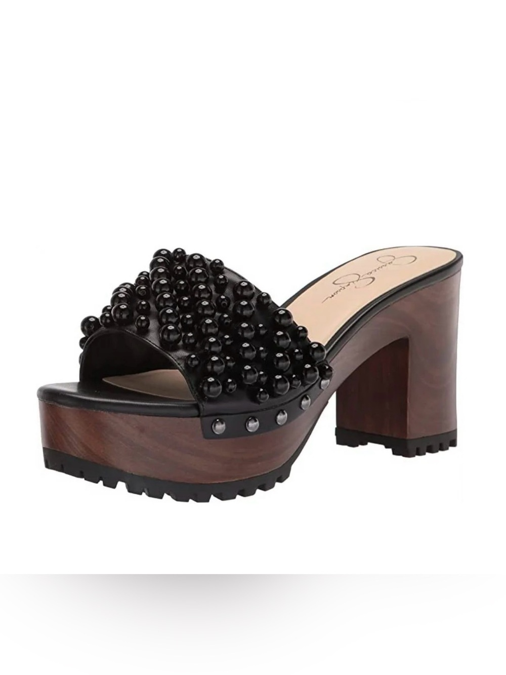 Jessica Simpson Telina Black Beaded Wood-Effect Platform Mule size 6